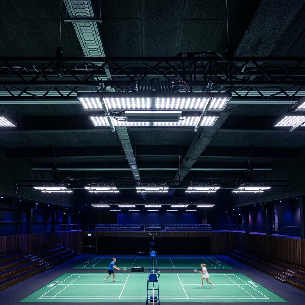 Professional anti-glare LED lighting system at Chandras Arena indoor badminton courts, Bhopal