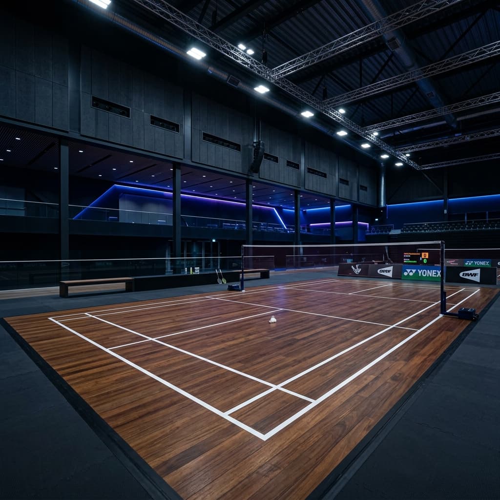 Premium imported teak wood badminton court flooring at Chandras Arena indoor facility, Bhopal