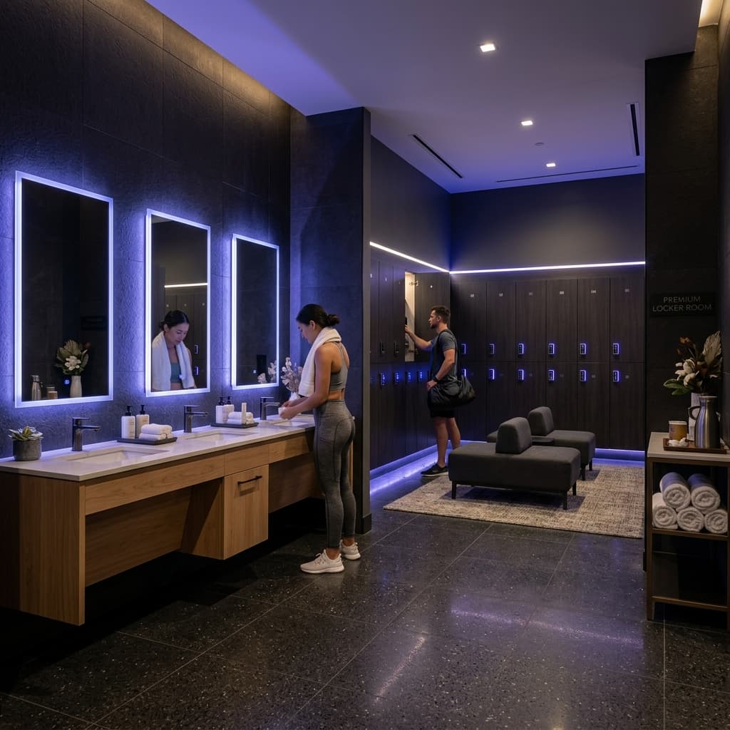 Clean washrooms and dedicated changing areas at Chandras Arena indoor sports facility, Bhopal